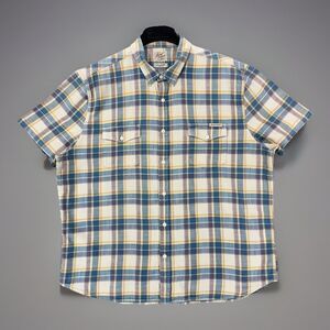 Lucky Brand Western Shirt Mens XXL Plaid Pearl Snap Short Sleeve Blue Yellow